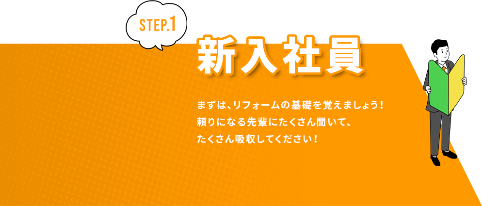 新入社員　まずは、リフォームの基礎を覚えましょう！頼りになる先輩にたくさん聞いて、たくさん吸収してください！