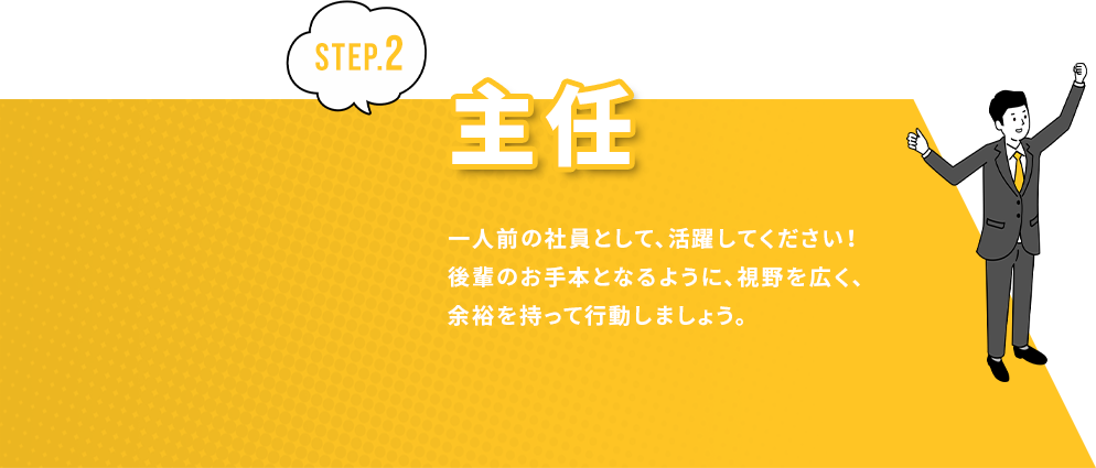 主任　一人前の社員として、活躍してください！後輩のお手本となるように、視野を広く、余裕を持って行動しましょう。